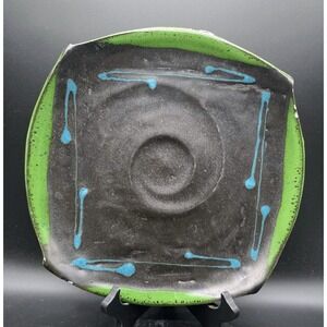 Vintage‎ Studio Art Pottery Stoneware Square Plate Platter Black Green 10.75"